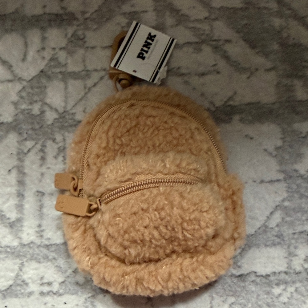 PINK Victoria's Secret Tan Fuzzy mini keychain Backpack